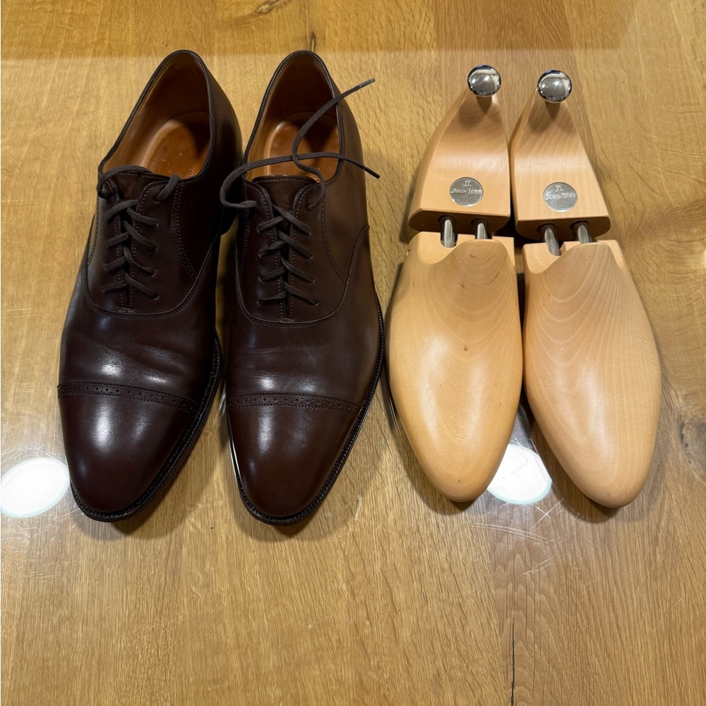John Lobb~Men's Brown Leather Cap-Toe Oxford Shoes